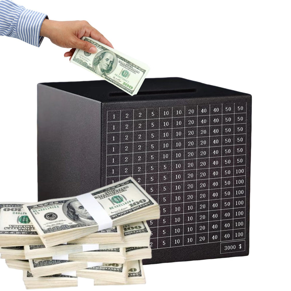 Generic Metal Money Savings Box top view with clear 3k target for progress.