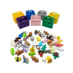Generic mini animals with movable joints shown up close for tactile play