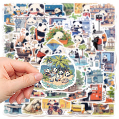 Generic Panda graffiti stickers on a suitcase aid quick identification and flair.