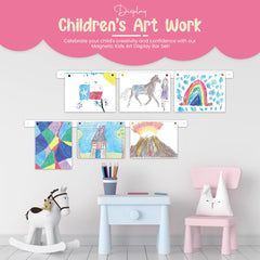 Generic wall hanging system for art displays a tidy children's gallery.
