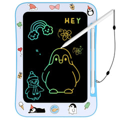 Genialba Penguin LCD drawing tablet front view with colorful doodles for kids