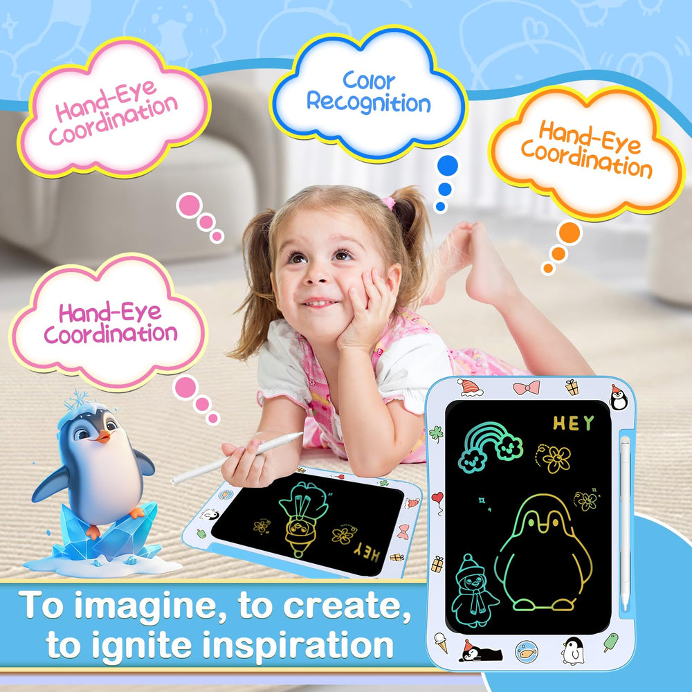 Genialba Penguin LCD drawing tablet in use, kids create colorful art