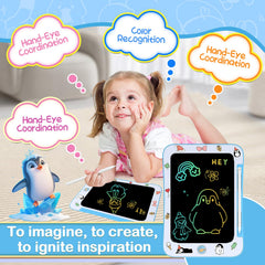 Genialba Penguin LCD drawing tablet in use, kids create colorful art