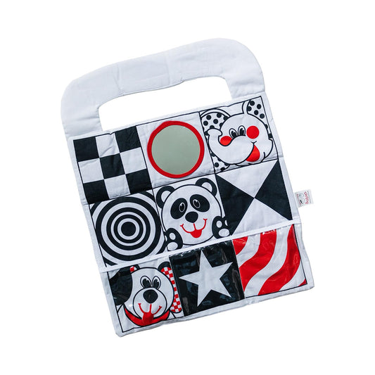 Genius Baby Toys high-contrast patterns on side 1 aid early visual tracking during car rides.
