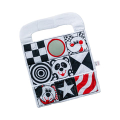 Genius Baby Toys high-contrast patterns on side 1 aid early visual tracking during car rides.