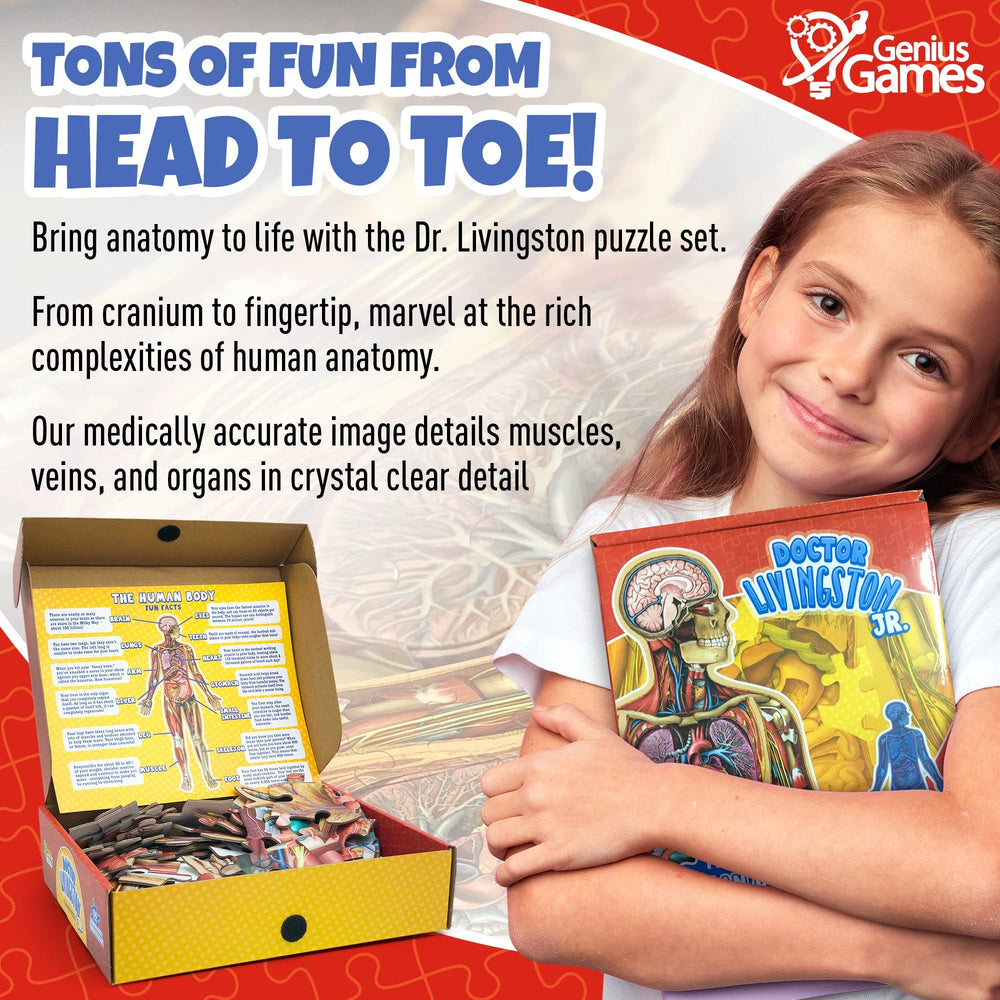 Genius Games puzzle pieces outline organs to boost recognition during assembly.