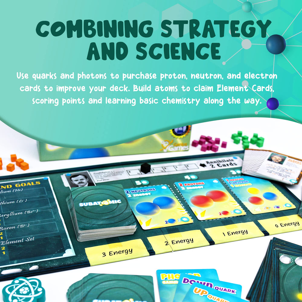 Genius Games Subatomic science-behind-booklet explains real concepts behind gameplay.