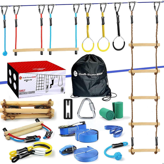 Gentle Booms Ninja Slackline Kit enables backyard ninja training with a 56-foot setup.