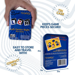 Blue tin George & Company LCR game keeps pieces organized during play