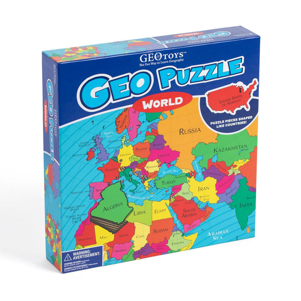 Geotoys GeoPuzzle bright colors, makes map exploration visually appealing.
