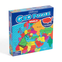 Geotoys GeoPuzzle bright colors, makes map exploration visually appealing.