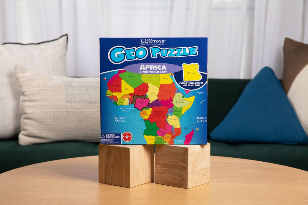 Geotoys GeoPuzzle Africa Middle East learning activity promoting fine motor skills.