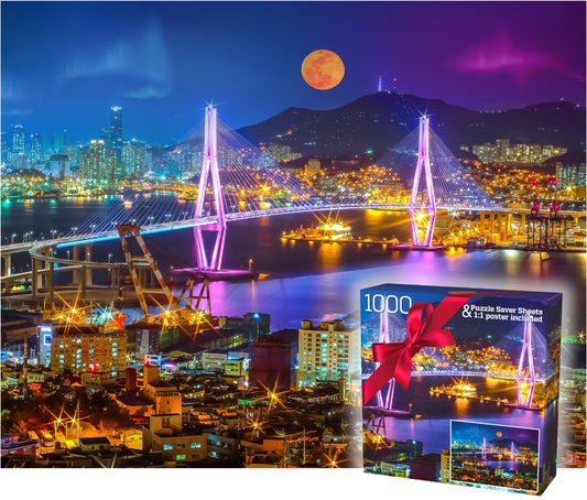 Gerjato night cityscape puzzle box featuring a vibrant scene, ready for gifting.