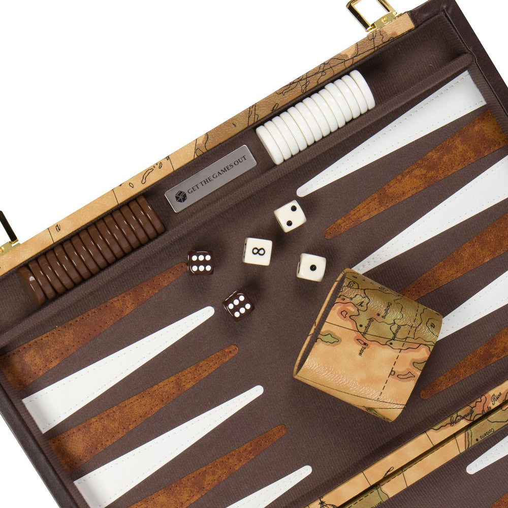 Get The Games Out backgammon set dice, chips, and doubling cube ready for play