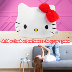 Get Trend Hello Kitty plush cushion on bed illustrating versatile decor and relaxation.