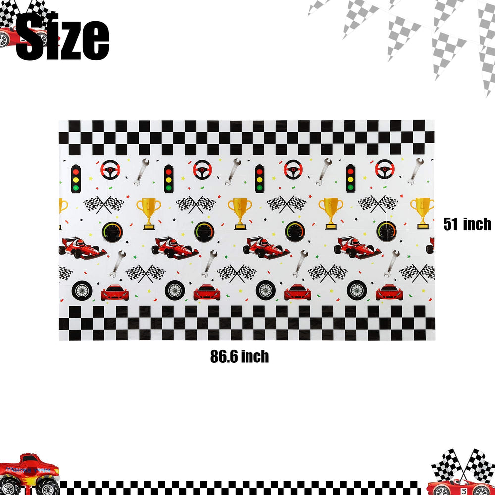 GGDE racing car table cover at birthday party scene, ideal photo backdrop.