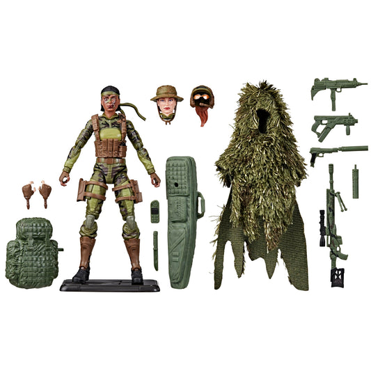 G.I. Joe 60th Anniversary Sniper with ghillie suit enables lifelike field poses.