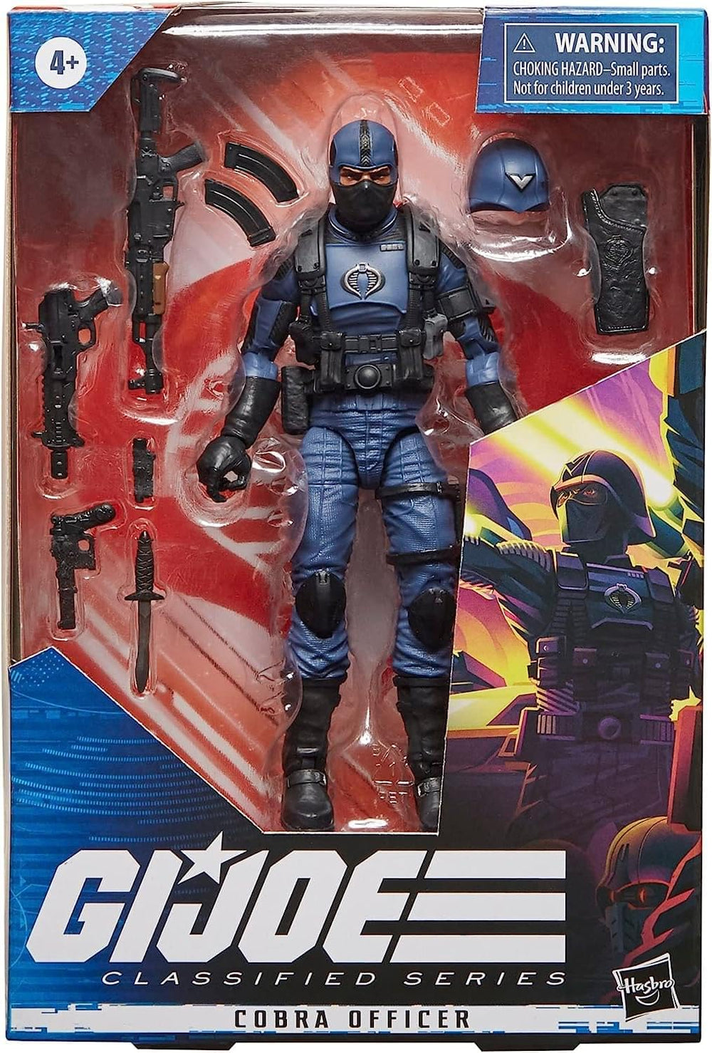 G.I. Joe Cobra Officer with packaging artwork enhances collection presentation.