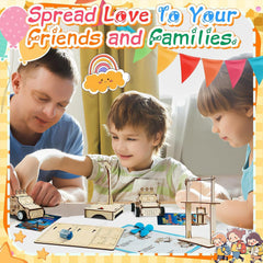 GIAKAN valentines cards assembly scene highlighting wooden STEM pieces for hands-on learning.