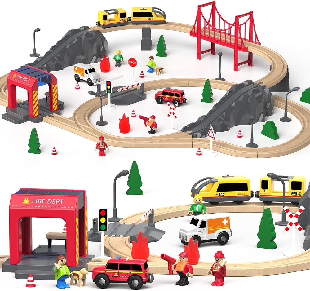Giant Bean fire station wooden train set locomotive in action for imaginative play