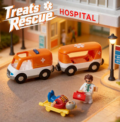 Giant bean rescue train ambulance with sirens enables cooperative care scenarios