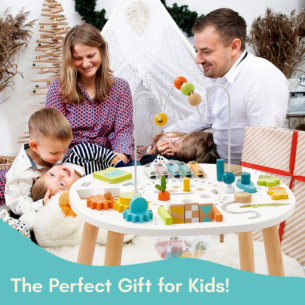 Giant Bean wooden activity table safety edges ensure a secure play surface for toddlers.