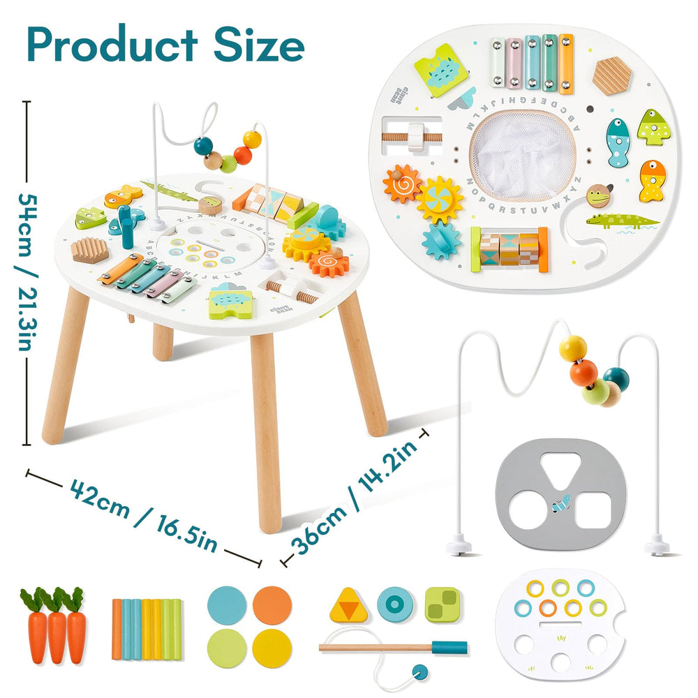 Giant Bean wooden activity table spinning gears offers engaging manipulative play and curiosity.