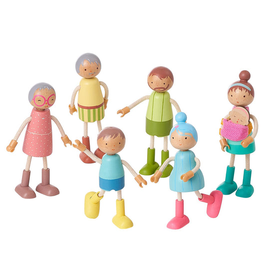 Giant bean wooden family dolls set seven figures for imaginative play.