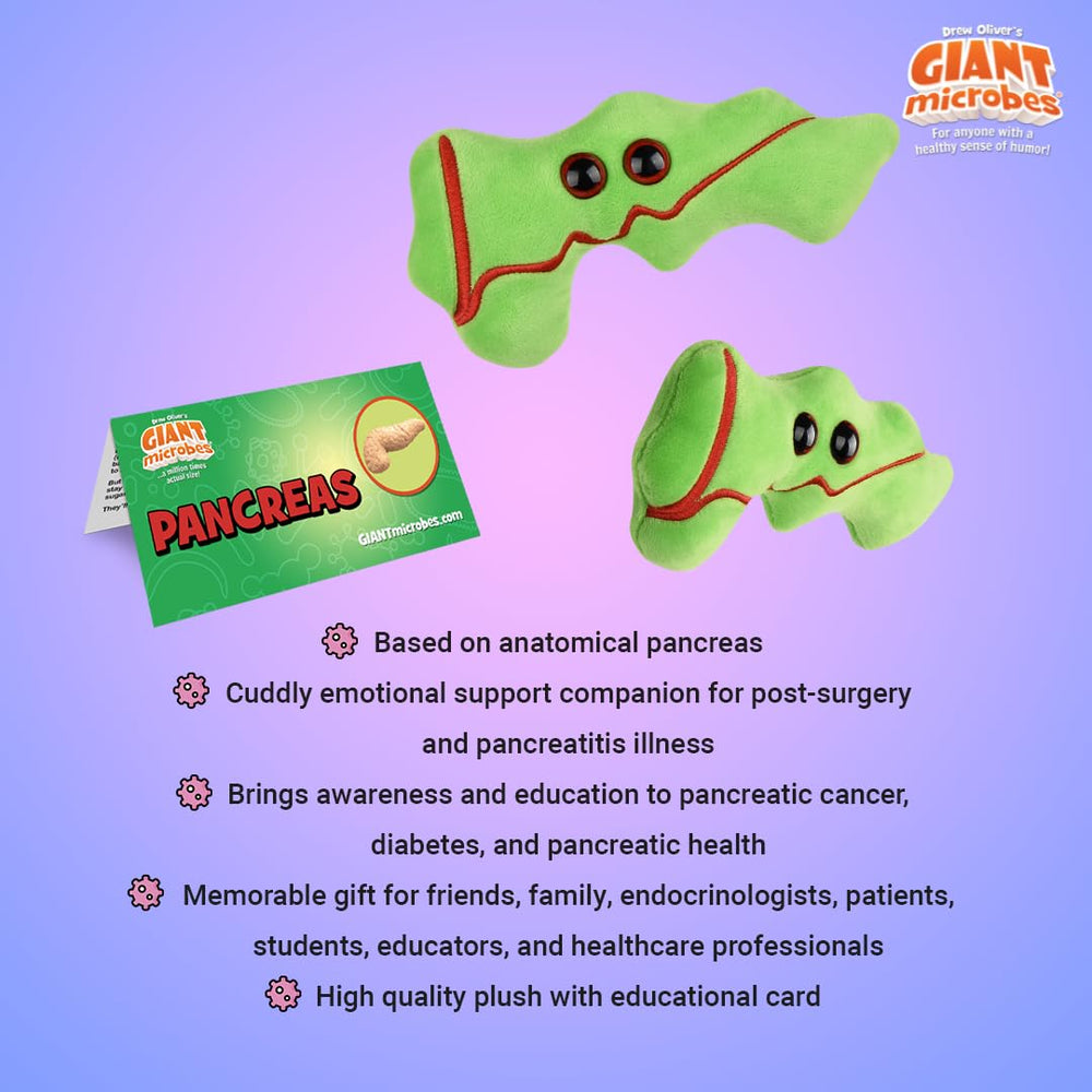 GIANT MICROBES Pancreas Plush sized at 6.5 inches for desks and shelves.