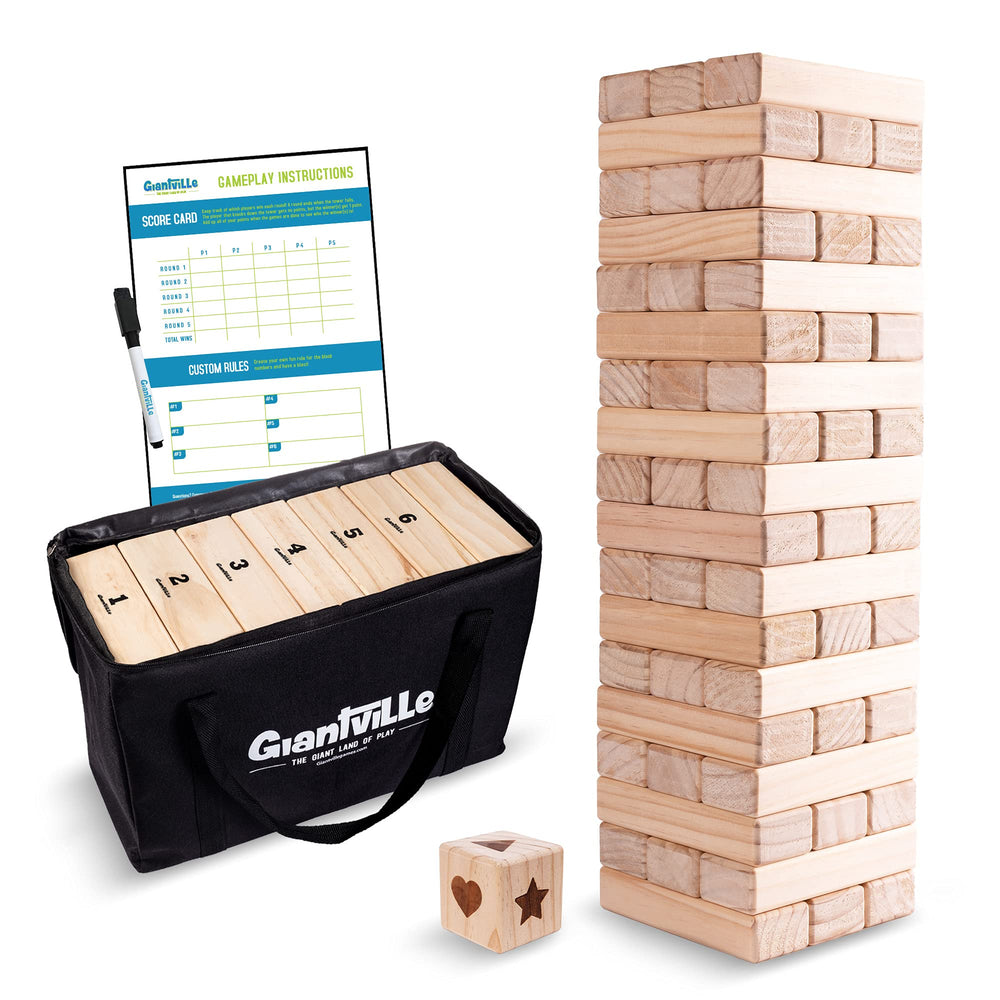 Giantville giant tumbling timber blocks stacked for family game night.