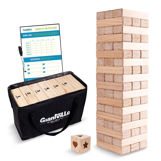 Giantville giant tumbling timber blocks stacked for family game night.