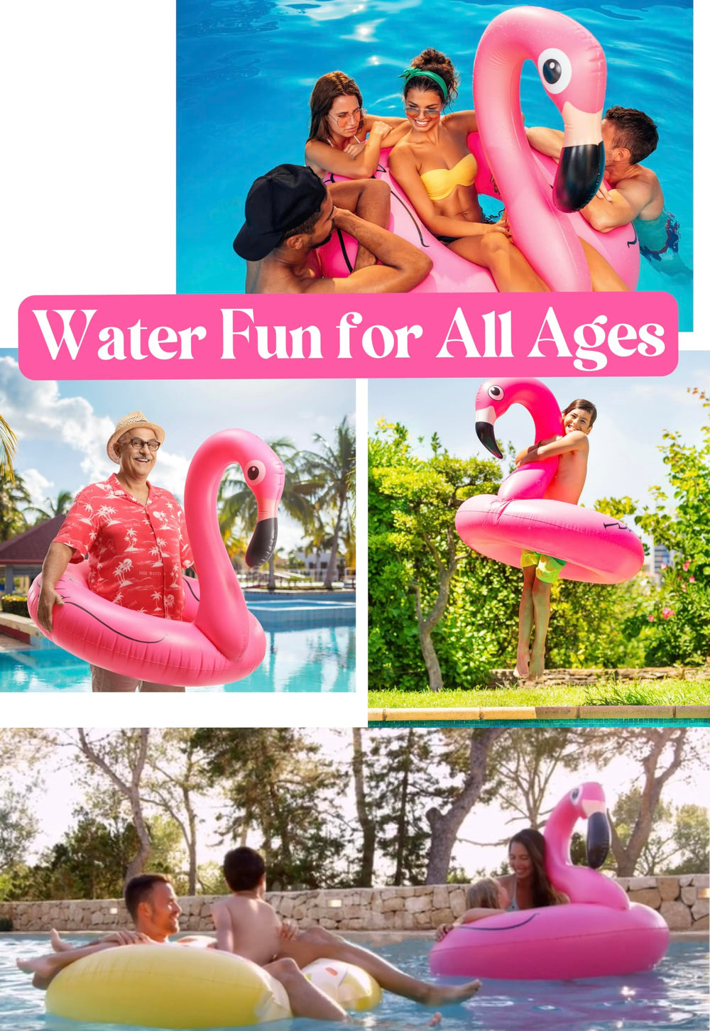 GiftExpress family enjoying flamingo float at pool