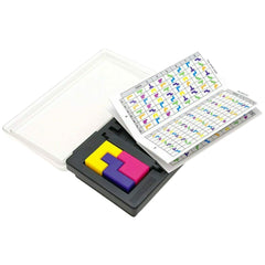 Gigamic Katamino Pocket with locking lid keeps pieces secure on trips.