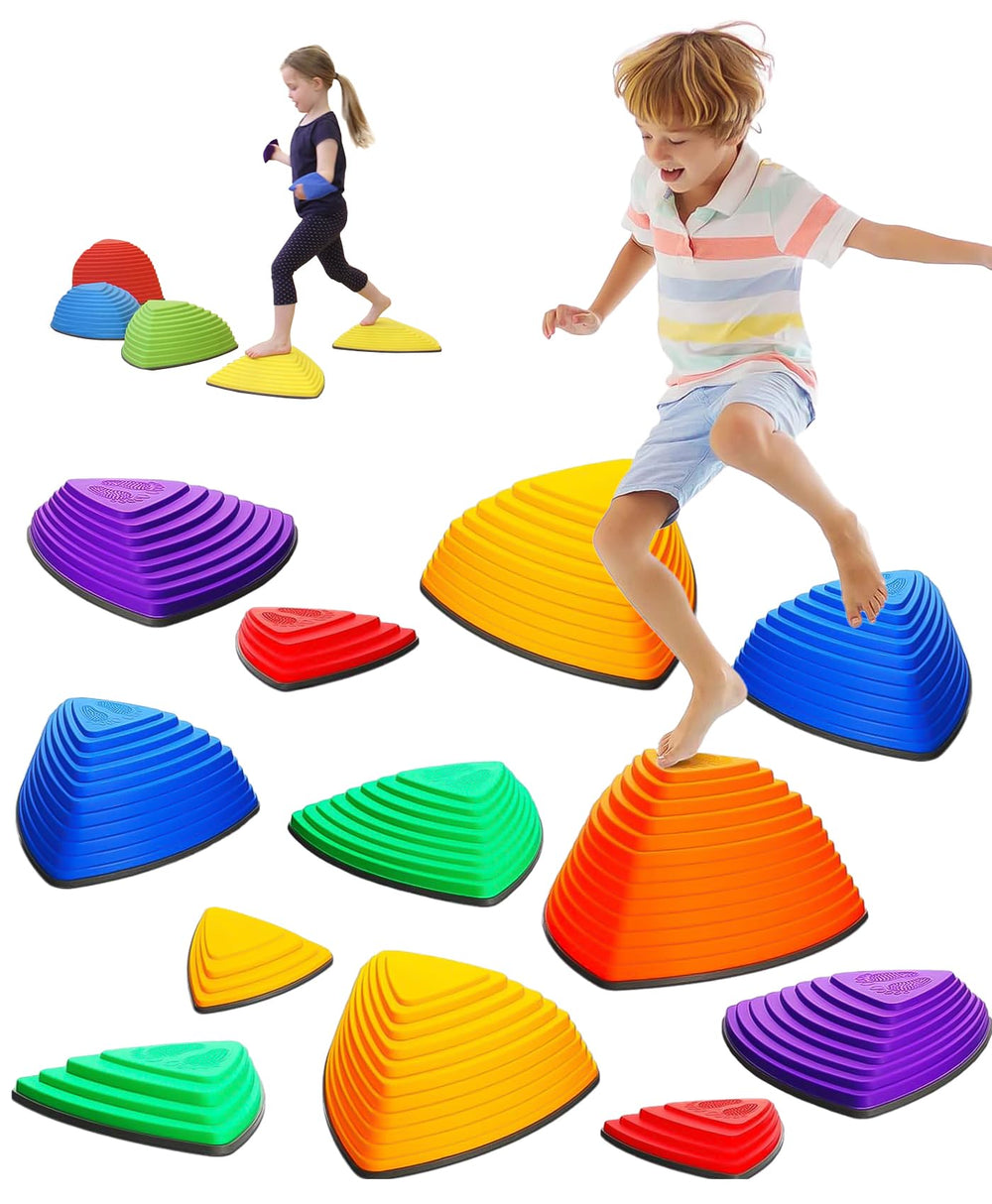 Giggle & Play stepping stones in vibrant colors laid out for balance practice.