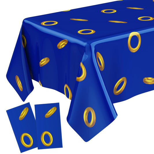 Gilprop blue tablecloth with gold ring pattern laid flat for a stylish party setting.
