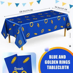 Gilprop blue tablecloth spread on a table with gold rings for an elegant celebration.