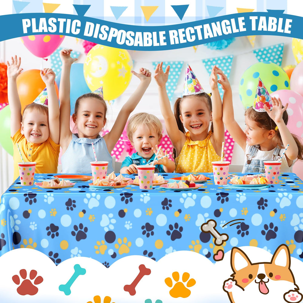 Gilprop family dining setup with paw print tablecloth for gatherings
