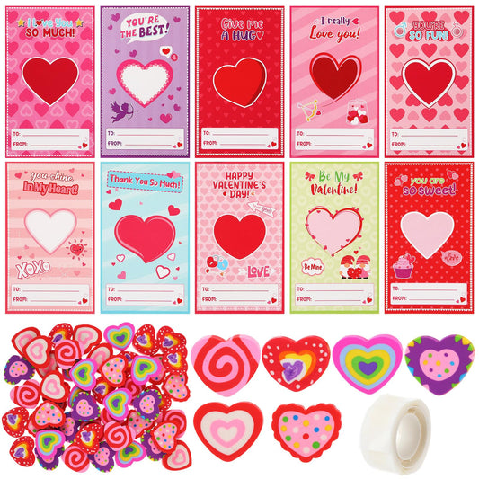 Gilprop valentines cards with heart erasers for party favors.