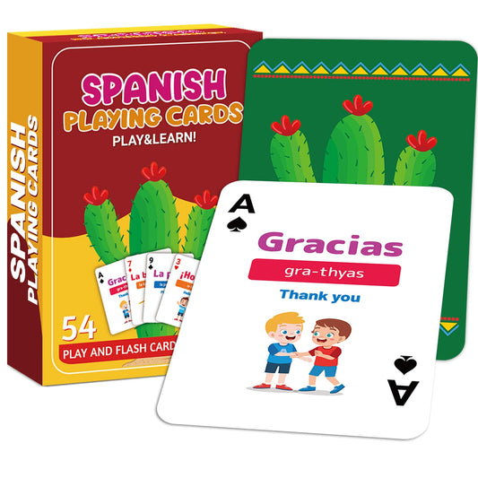 gisgfim 54 Spanish phrases playing cards front illustration helps beginner learning with visual cues.