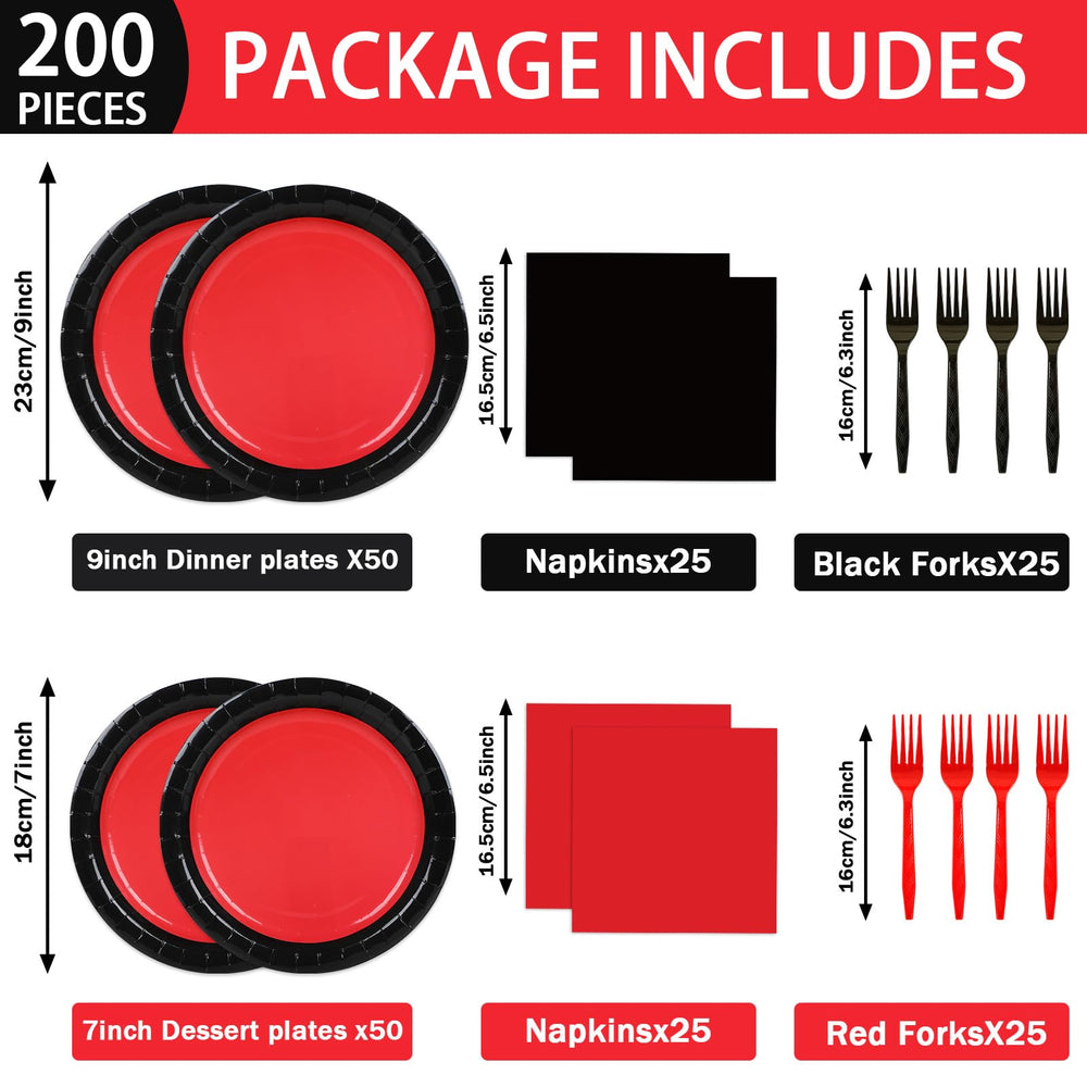 gisgfim red and black dessert plates add contrast to sweet treats.