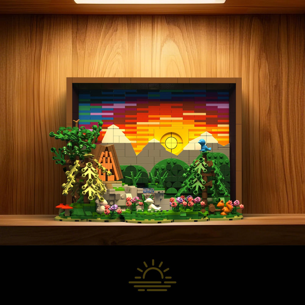 Gradient sky with mushrooms and wildlife enhances the artwork.