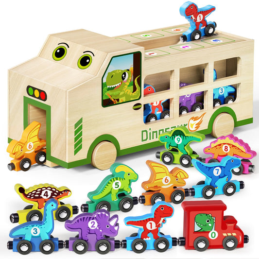 GJZZ wooden dinosaur truck with beechwood finish for engaging imaginative play and fine motor practice