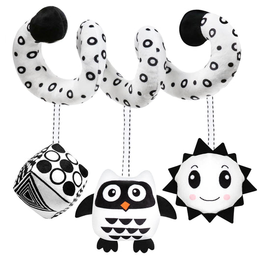 GKDOMS baby spiral hanging toy with owl sun squeaker for soothing, high-contrast stimulation.