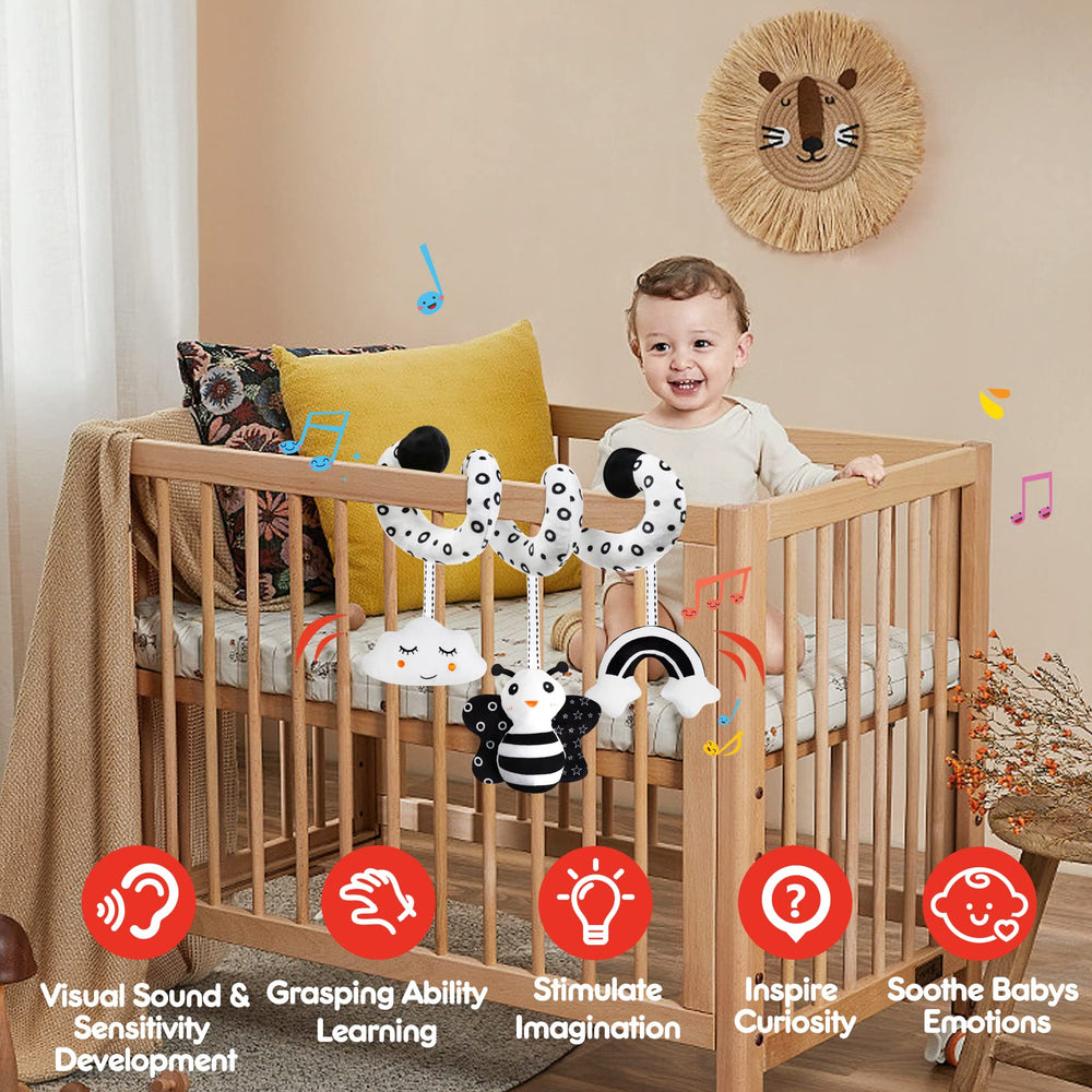 GKDOMS spiral activity toy easily attaches to strollers for on-the-go play.