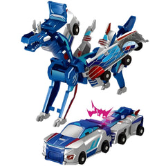 Gkiozu magnetic dinosaur car toy with blue dragon—crash and transform play.