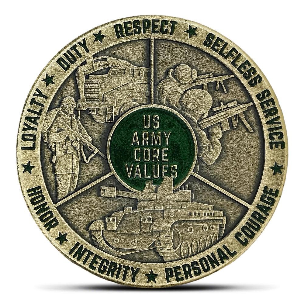 Glamtune US Army Core Values coin front view with flag and values, a durable keepsake