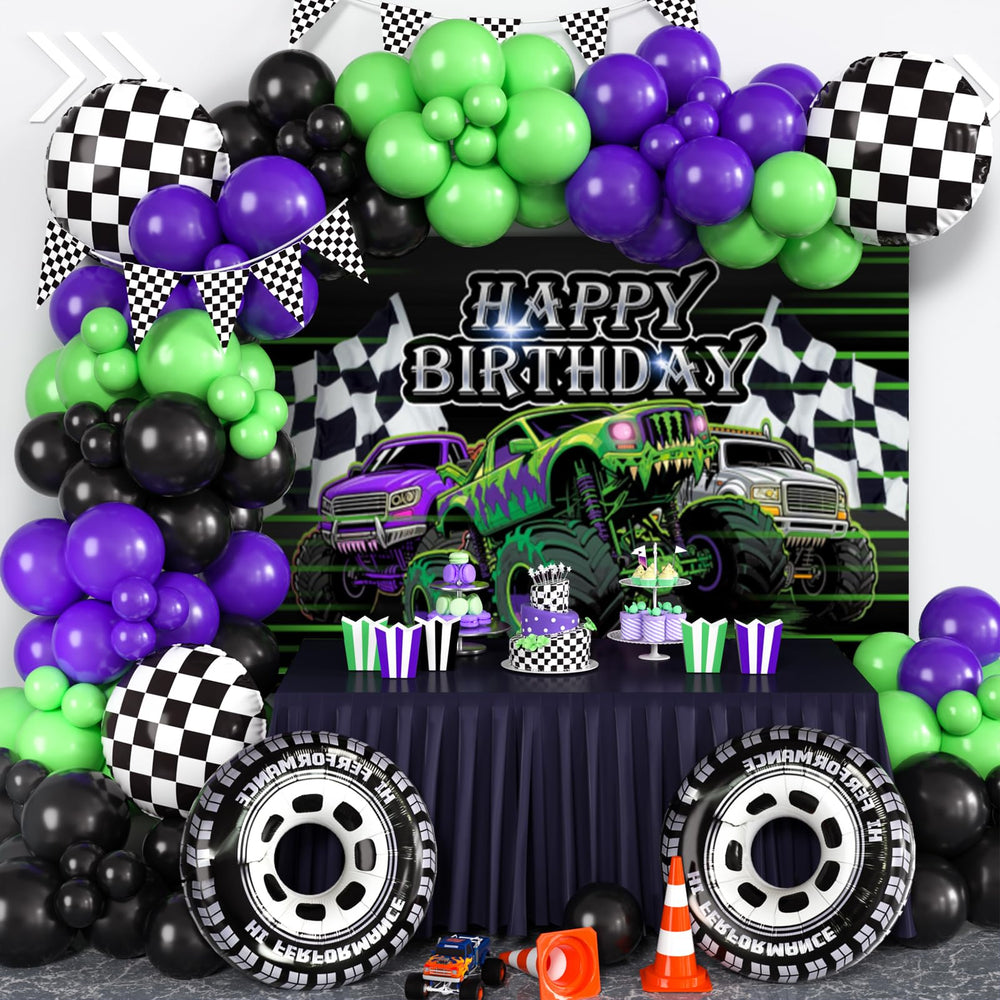 GLANFOIO monster truck balloon garland arch decor for an eye-catching party backdrop.