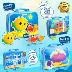 Glintey Busy Board ocean buttoning activity enhances grasp and concentration during play.