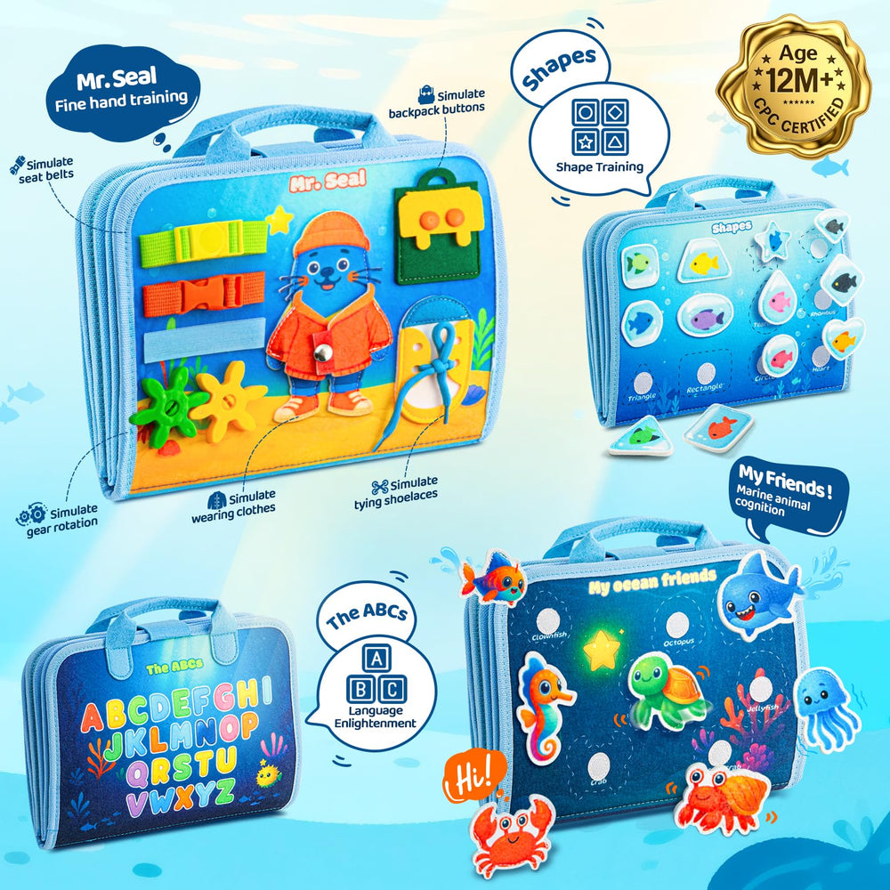 Glintey Busy Board features shape and color matching to support cognitive development.