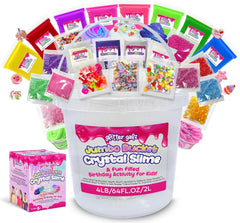 Glitter Galz clear slime bucket closeup showing glossy, stretchable texture for group play